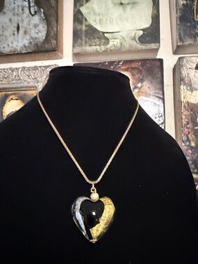 Vintage Black Glass Heart Pendant Necklace 12K Gold Filled Rope Chain